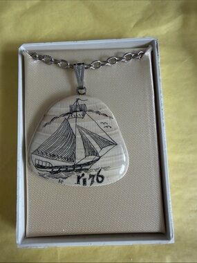 Hand-Drawn Sailboat Scrimshaw Pendant Necklace - Cream & Black